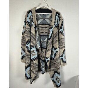 Sisters Womens Southwestern Style Knit Cardigan Sweater S/M Beige Blue Pockets